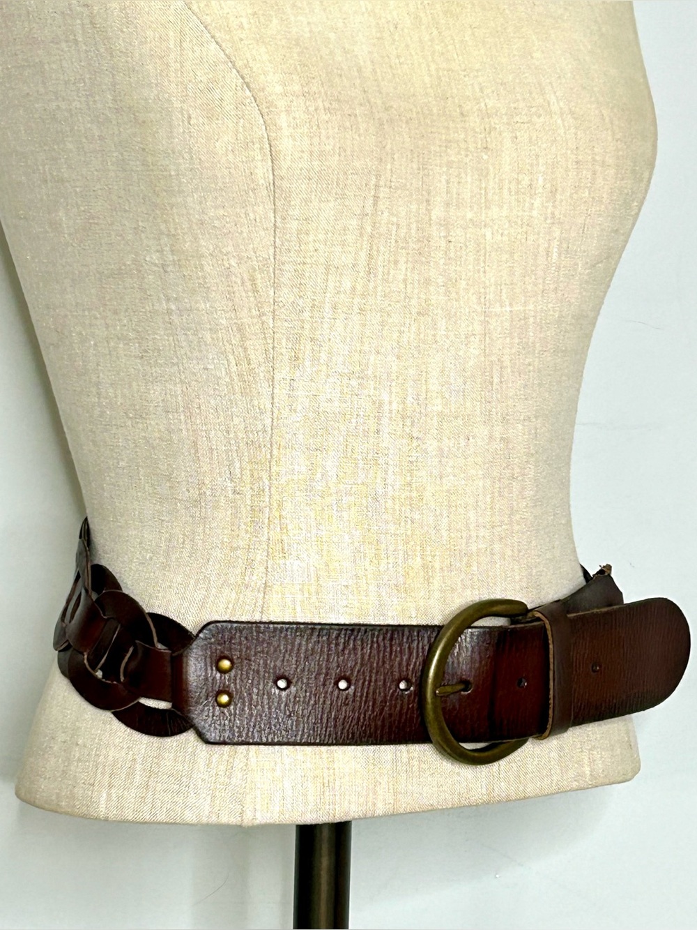 American Eagle Brown Leather Boho Woven Belt Brass Buckle ~40” Long - Picture 6 of 13